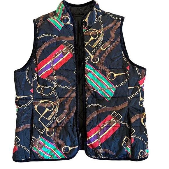 Ralph Lauren Reversible‎ Equestrian Print Quilted Vest - Black & Gold ChainM